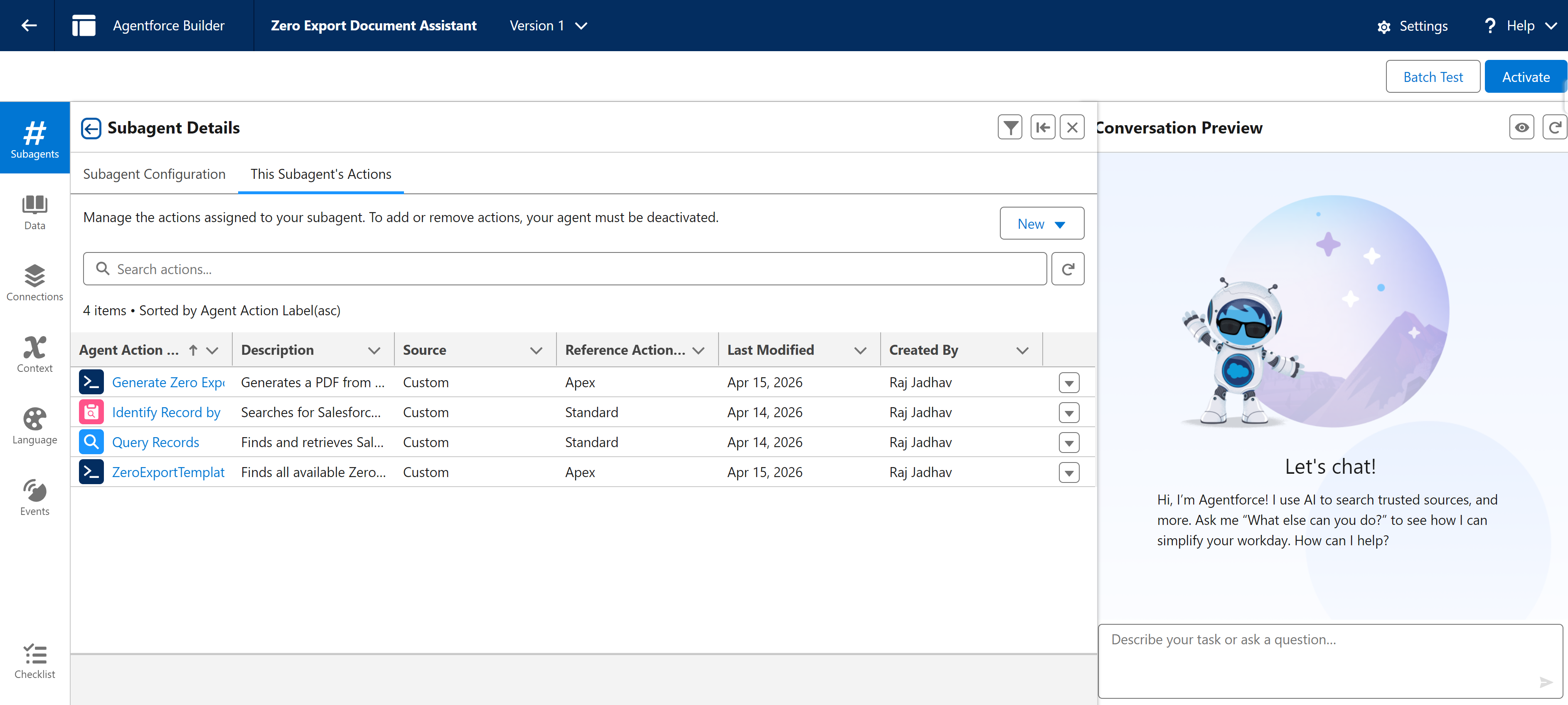 Agentforce Agent Builder showing the ZeroExport Generate Document action added to the agent