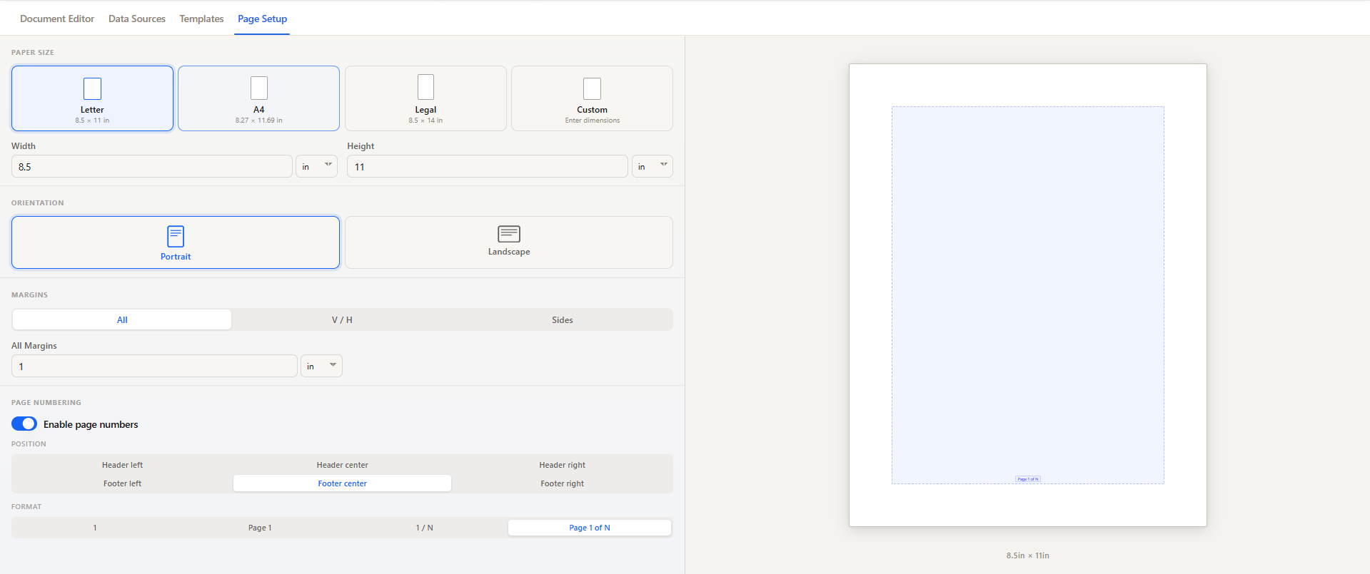 Page Setup tab showing Paper Size, Orientation, Margins, and Page Numbering controls with a live preview on the right